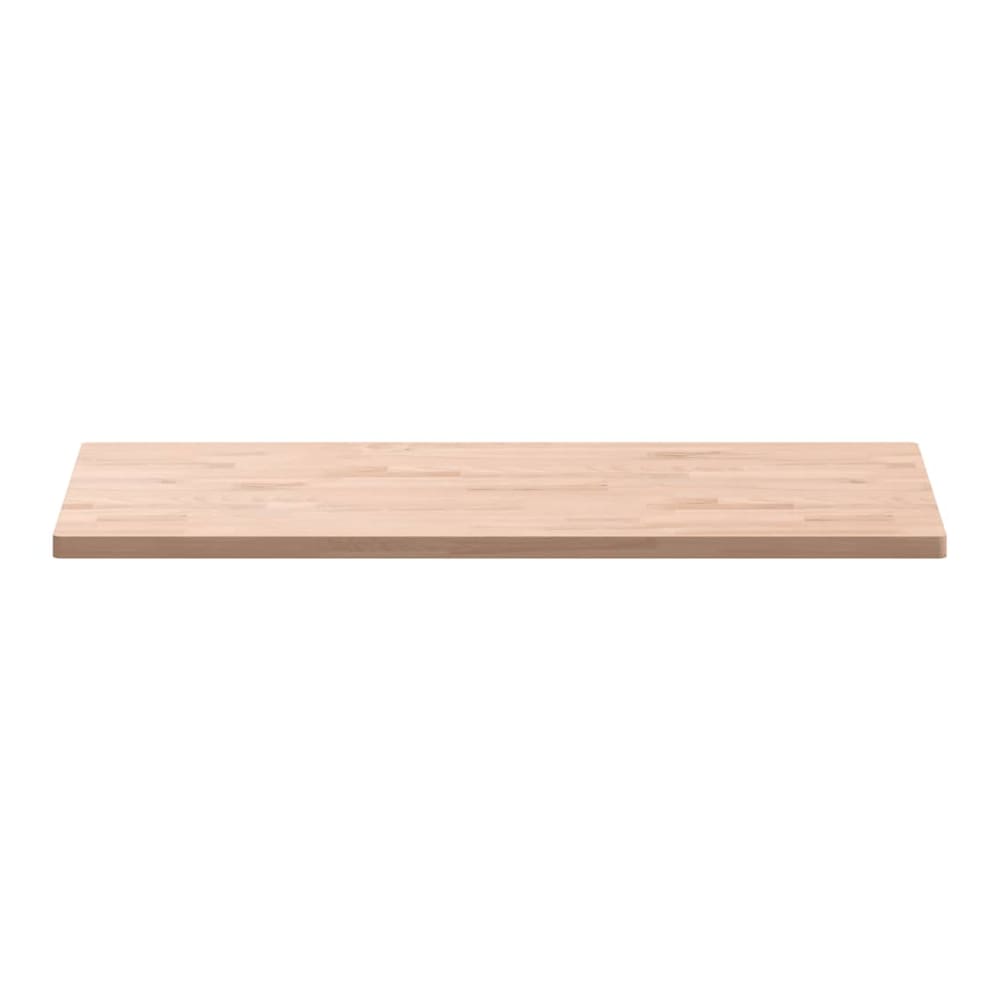 The rectangular solid wood beech table top shown from a low side angle