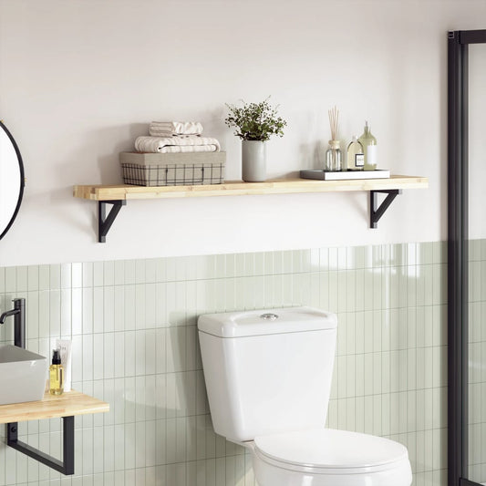 vidaXL Table Top 120x20x4 cm Rectangular Solid Wood Acacia shown in a bathroom setting on a shelf