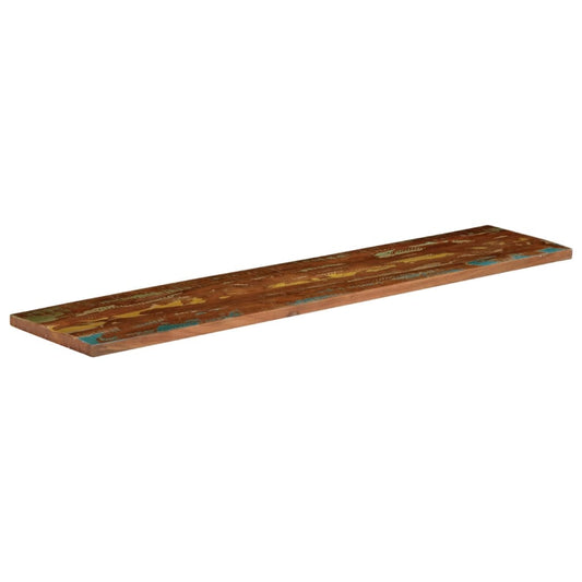 Rectangular solid wood reclaimed table top with a distressed finish and colourful accents