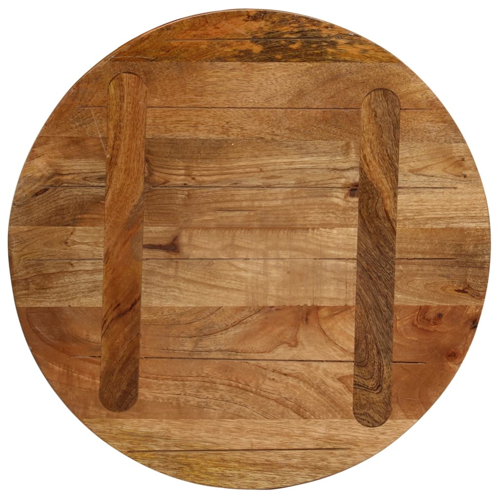 The underside of the round solid wood mango table top, revealing its construction with two support beams