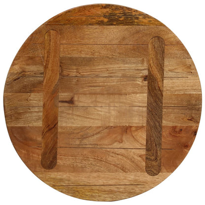 The underside of the round solid wood mango table top, revealing its construction with two support beams
