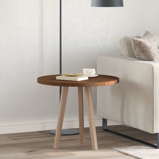 vidaXL Table Top Round Solid Oak Wood Dark Brown shown assembled with legs in a living room setting