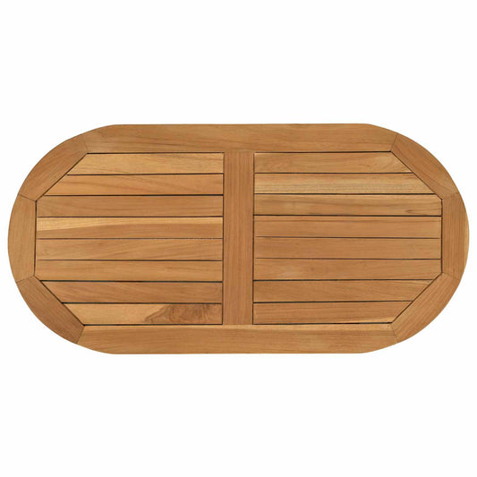 The oval teak table top shown from directly above, highlighting the wood grain