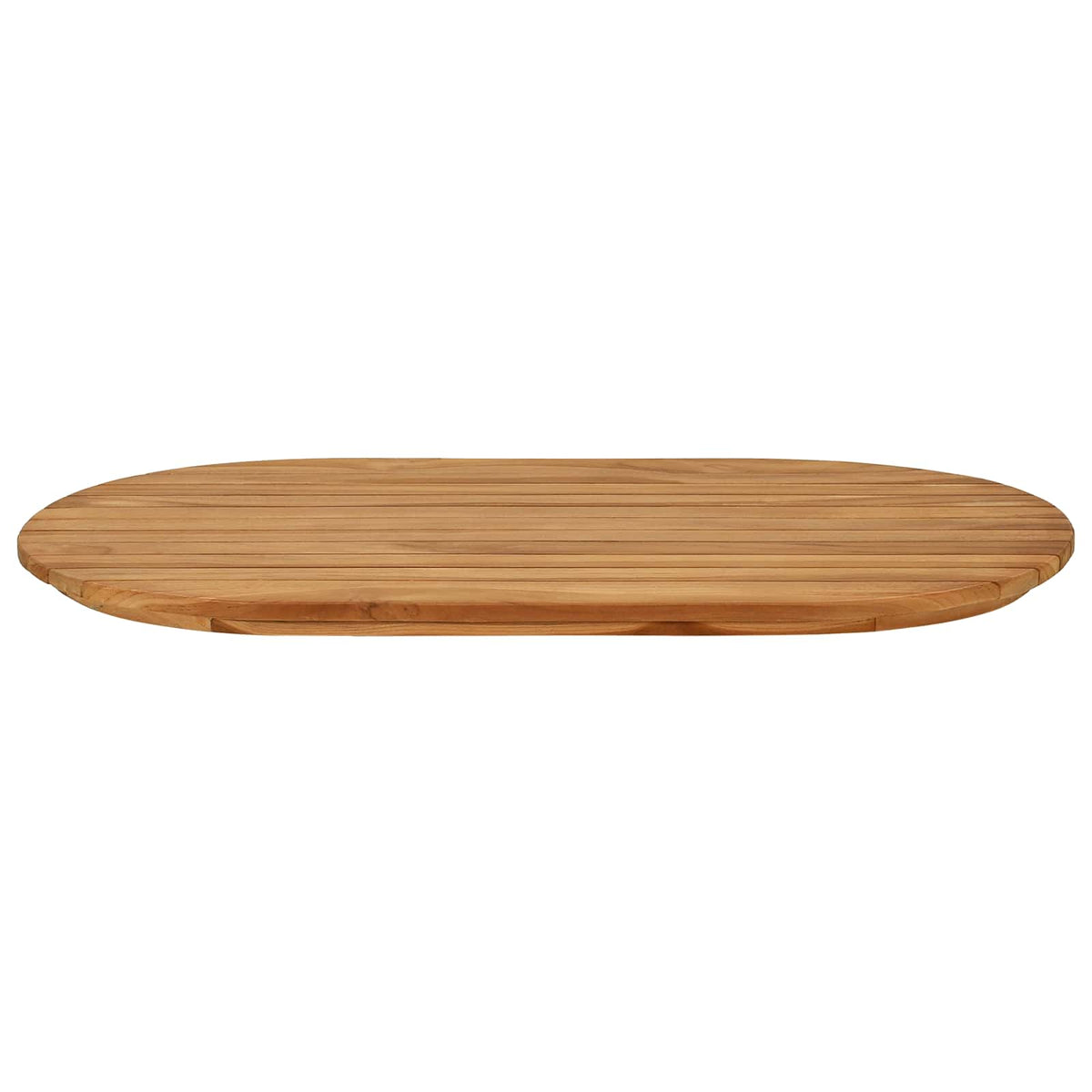 The natural teak wood table top shown from the side, highlighting its oval shape