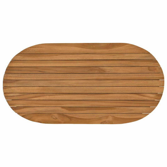 The oval teak wood table top viewed from above, showing the slatted surface