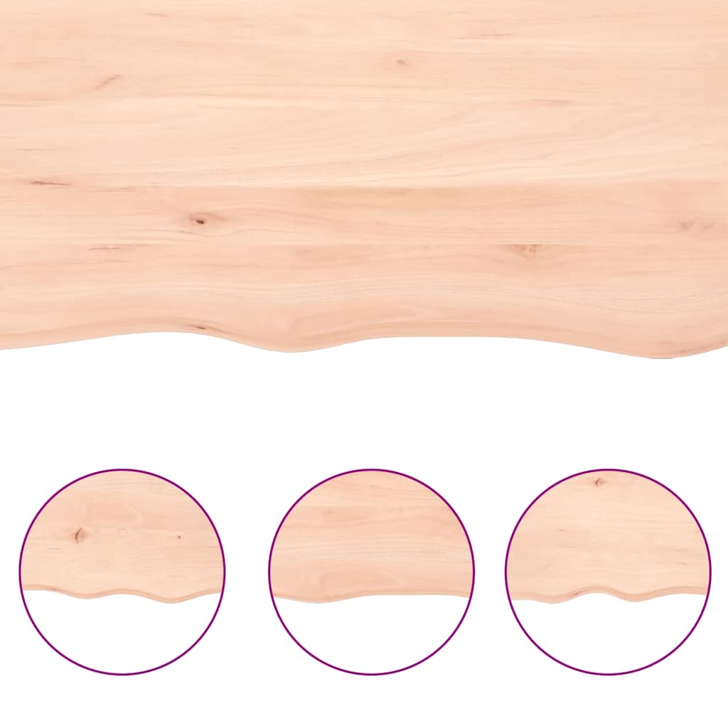 Close-up views of the live edge on the untreated solid wood oak table top