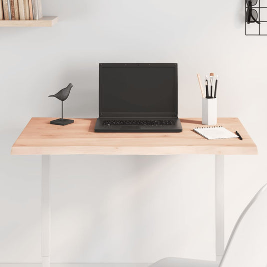 vidaXL Table Top Untreated Solid Wood Oak Live Edge shown as a desk surface with a laptop and stationery
