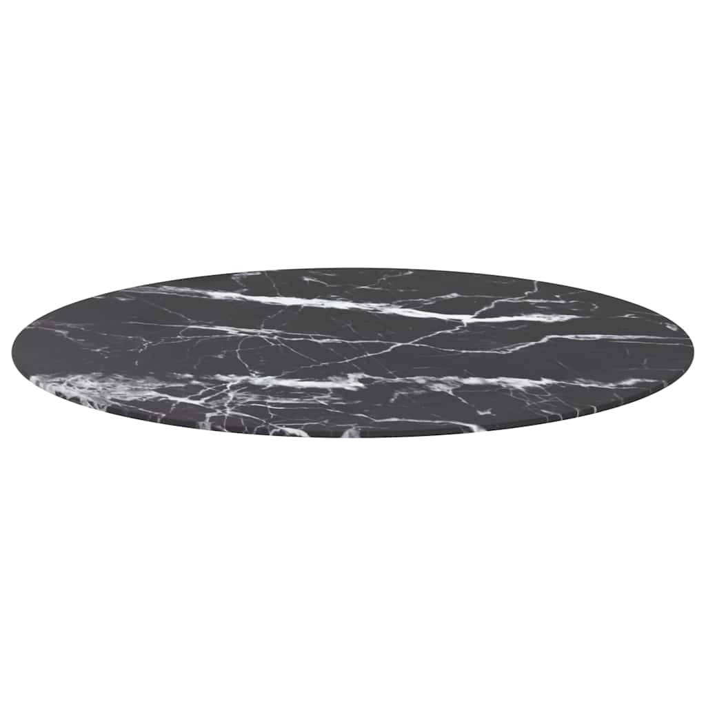 The round table top with a black marble effect pattern, shown from a side angle