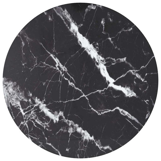 Table Top Black Tempered Glass with Marble Design, a round black surface with white marble effect veins