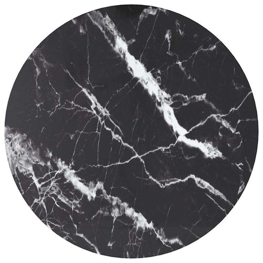 Table Top Black Tempered Glass with Marble Design, a round black surface with white marble-effect veining
