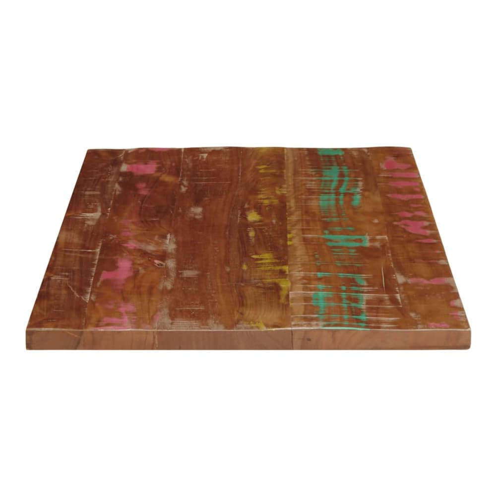 A rectangular solid wood table top with a distressed finish