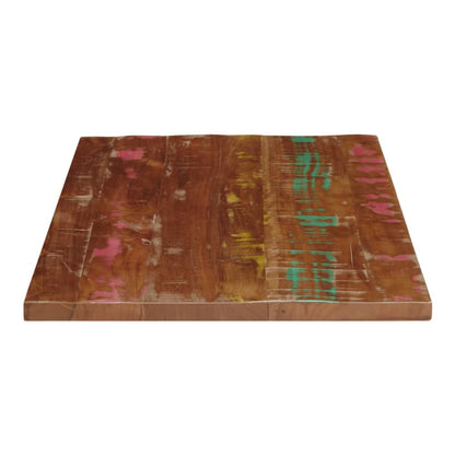A rectangular solid wood table top with a distressed finish