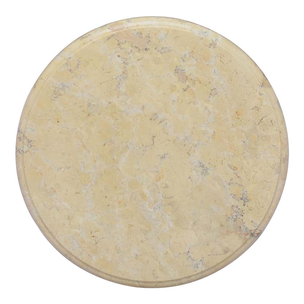 Top view of the round cream marble table top with a detailed stone texture