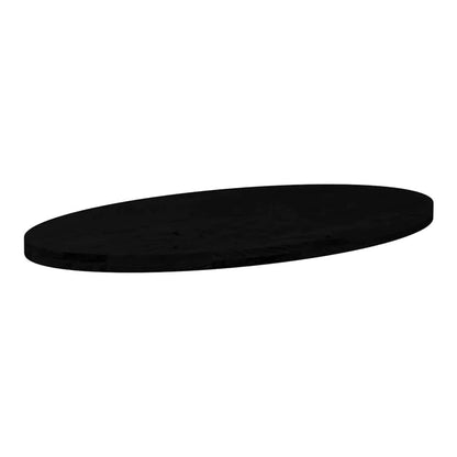 Dark brown oval solid wood oak table top shown from the side