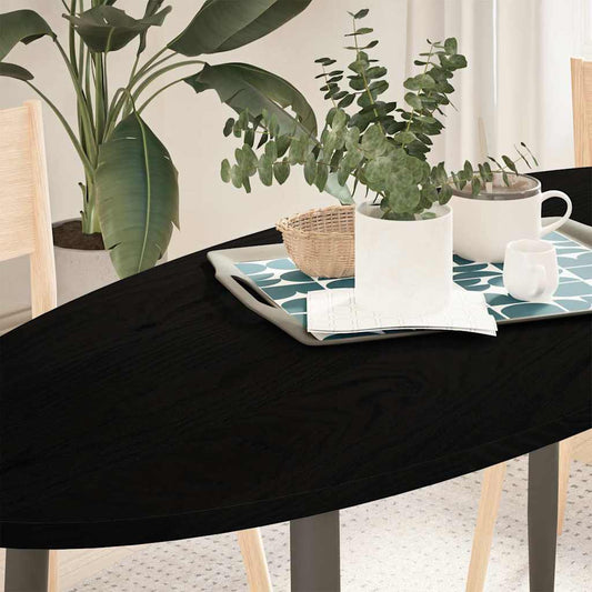 vidaXL Table Top Dark Brown Solid Wood Oak Oval shown in a close-up with a tray and plant on top