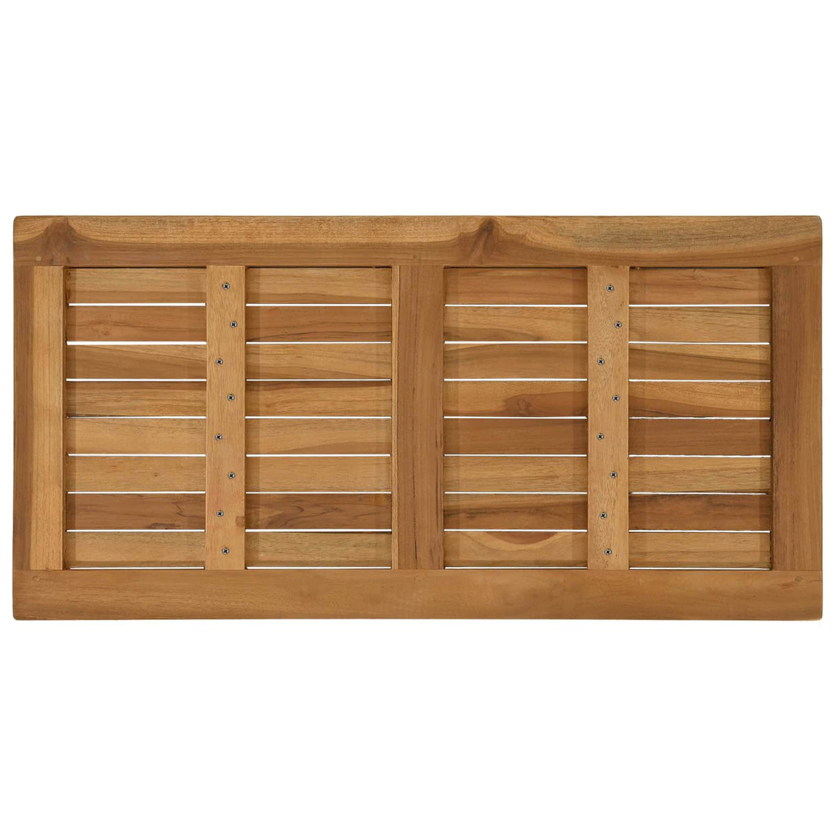 The underside of the rectangular table top showing the wooden support beams and screws