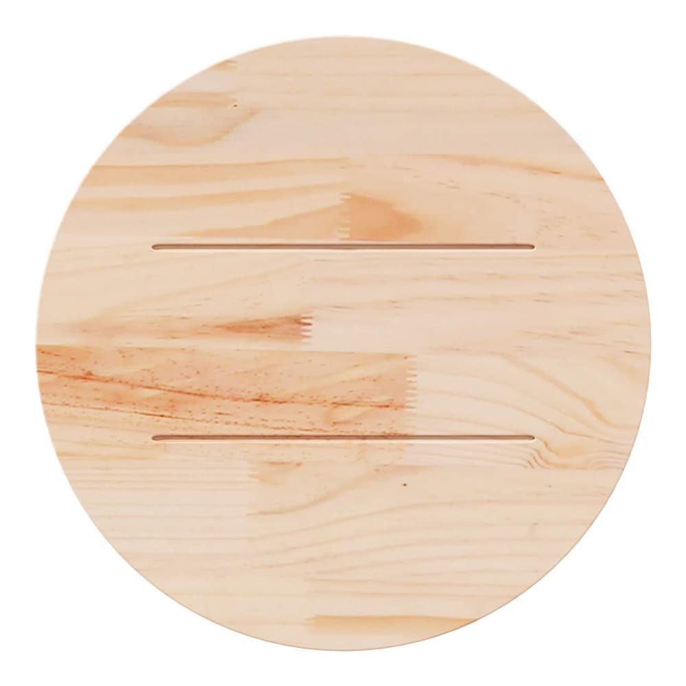 Underside of the round pine wood table top showing grooves