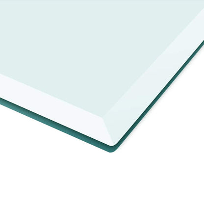 Close-up of the corner of the rectangular glass table top, showing its smooth, polished edge