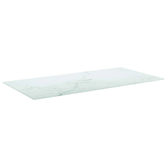The table top shown from a high angle to display the rectangular shape and marble pattern