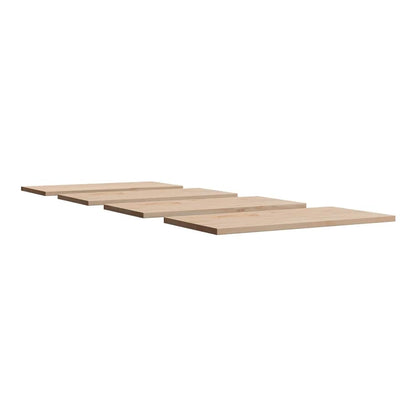 Four rectangular solid wood pine table tops laid out in a row