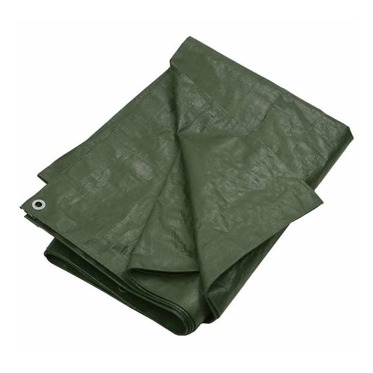 Green HDPE tarpaulin folded flat, showing its texture and green colour