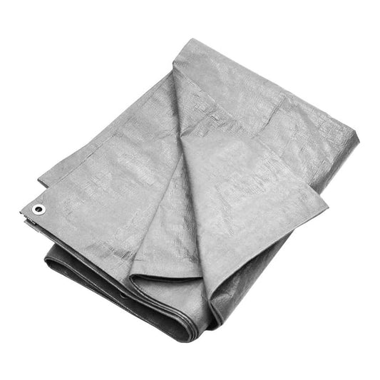 A grey HDPE tarpaulin laid out and folded, showing its texture