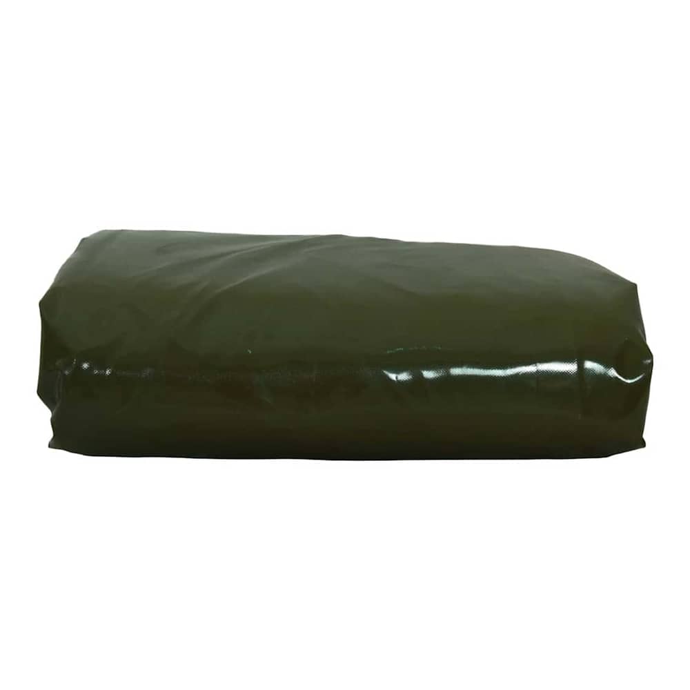 A close-up of the folded olive green tarpaulin