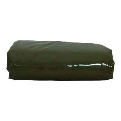 A close-up of the folded olive green tarpaulin