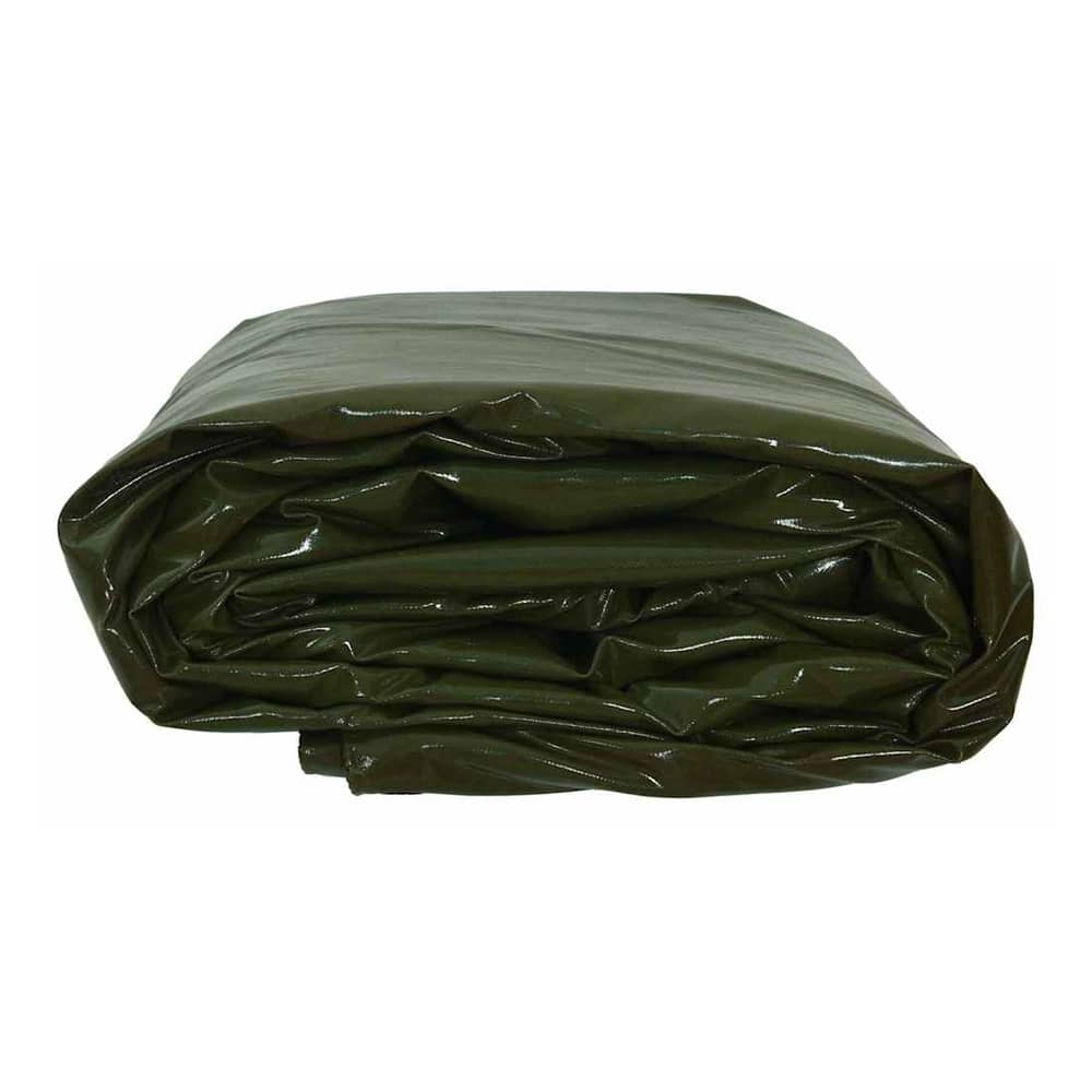 The olive green tarpaulin is folded and slightly opened