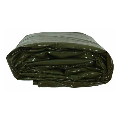 The olive green tarpaulin is folded and slightly opened