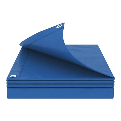 Blue tarpaulin covering a caravan awning and barbecue equipment