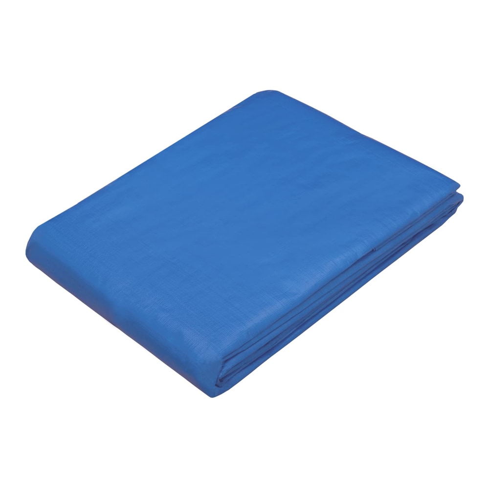 Blue tarpaulin covering a stack of firewood next to a fence