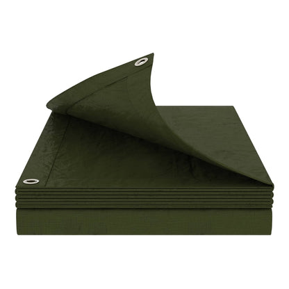 The green tarpaulin folded neatly to show the metal eyelets along the reinforced edge