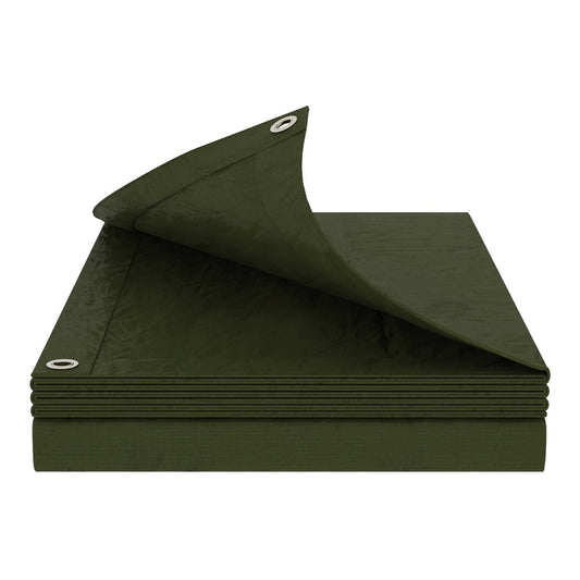 The green tarpaulin folded neatly to show the metal eyelets along the reinforced edge