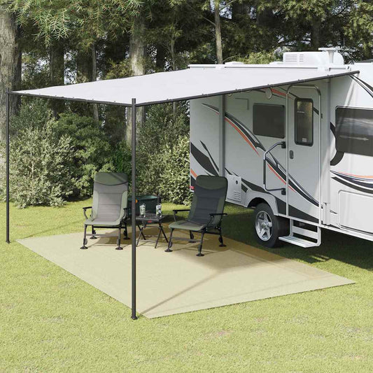 vidaXL Tent Carpet Cream laid out on grass under a caravan awning with two chairs