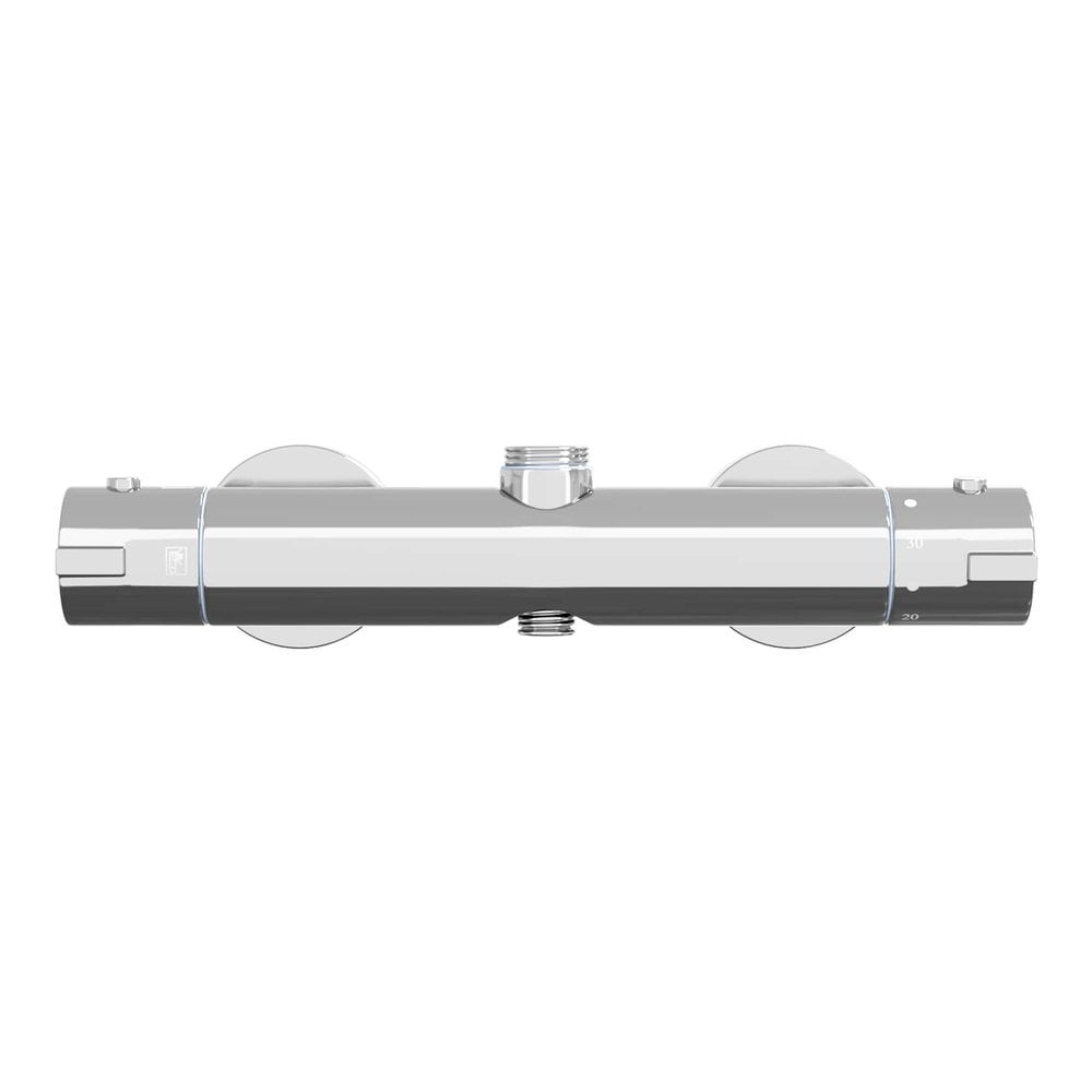 The thermostatic shower mixer, showing the main controls and temperature markings