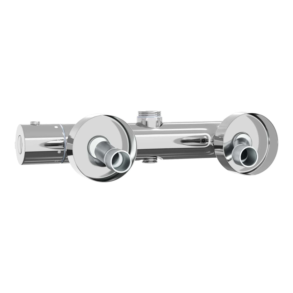 The thermostatic shower mixer, showing the connections for hot and cold water