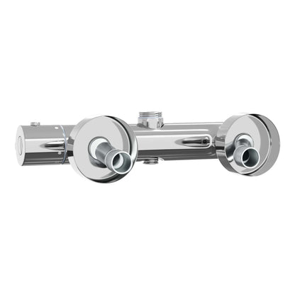 The thermostatic shower mixer, showing the connections for hot and cold water