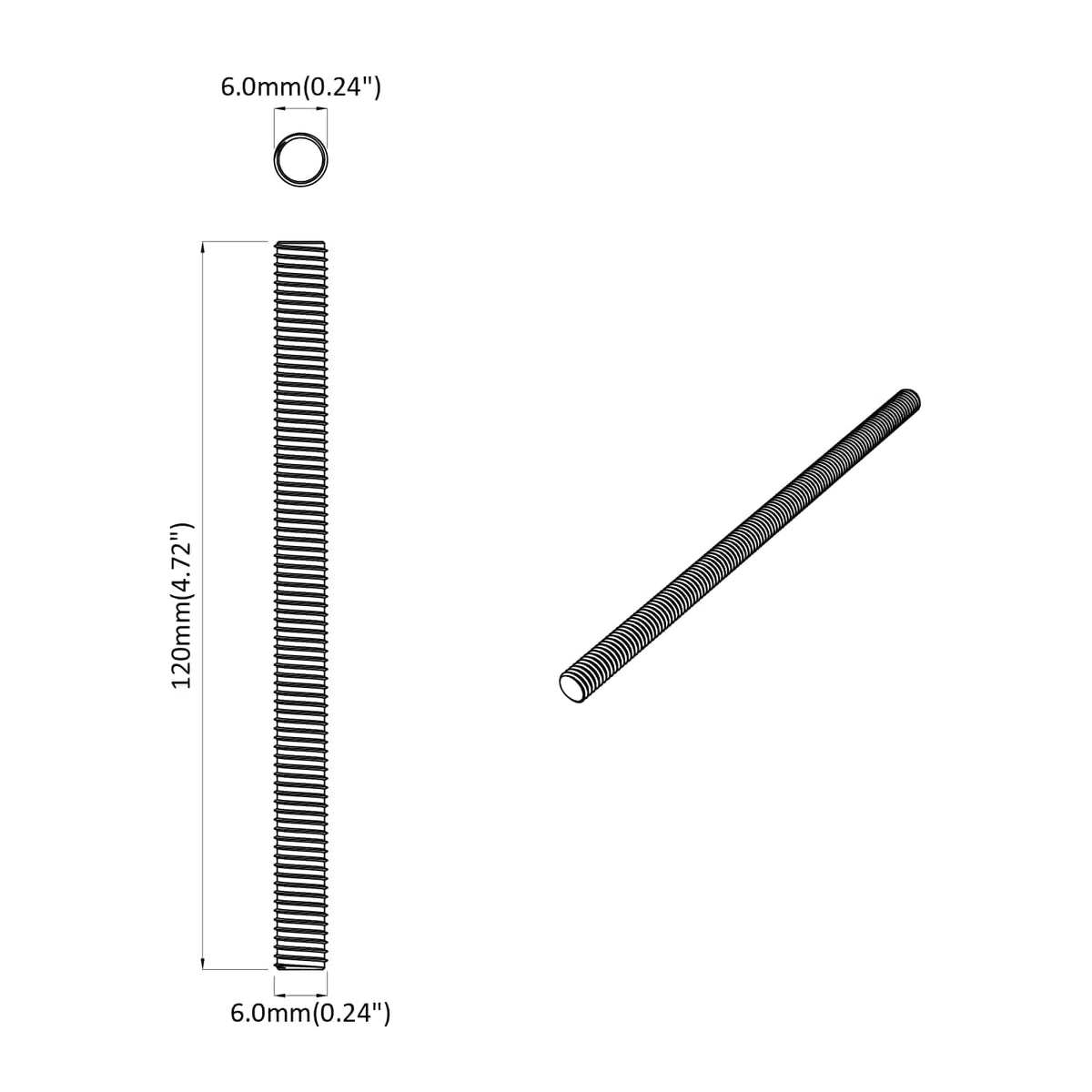 Diagram showing the dimensions of a silver threaded rod