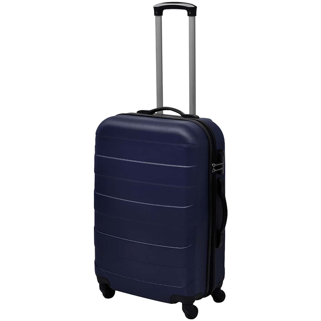 The blue hardcase suitcase with an extended handle standing upright