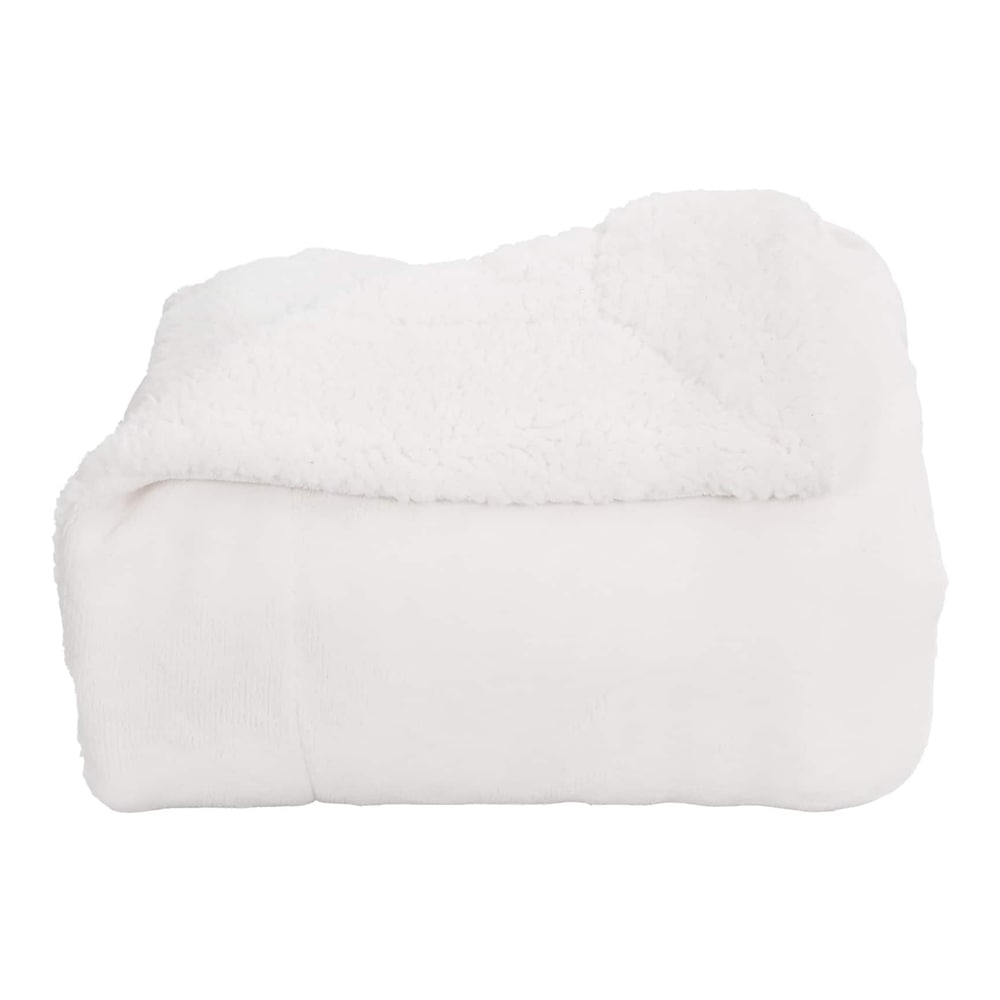 A white fleece throw blanket folded on a white surface