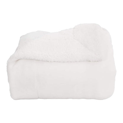 A white fleece throw blanket folded on a white surface