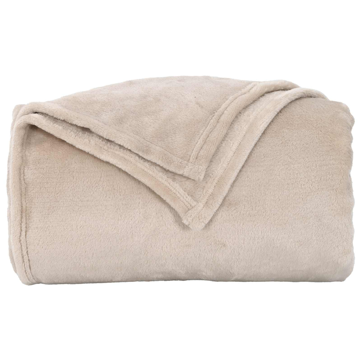 a beige fleece blanket folded neatly on a white background