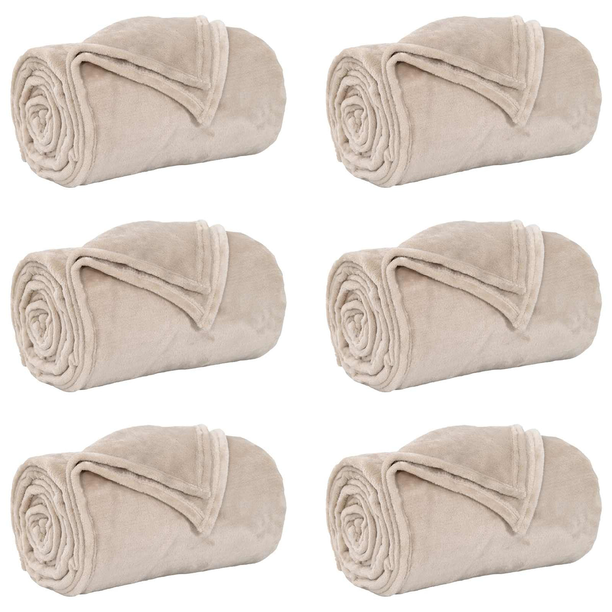 six beige fleece blankets rolled up and arranged in two rows