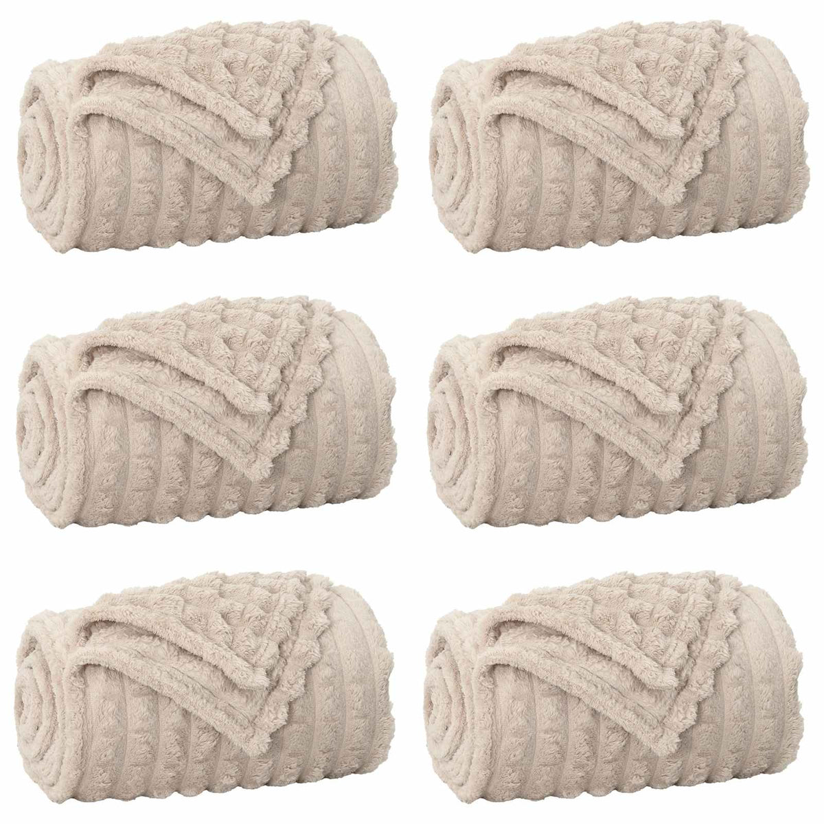 Six beige fleece blankets rolled up and arranged in two rows of three