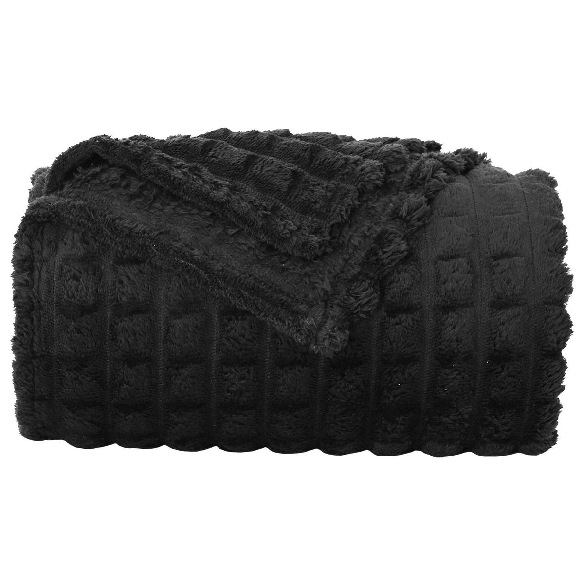 Close up of a rolled black fleece blanket