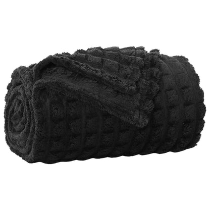A single black fleece blanket rolled up tightly