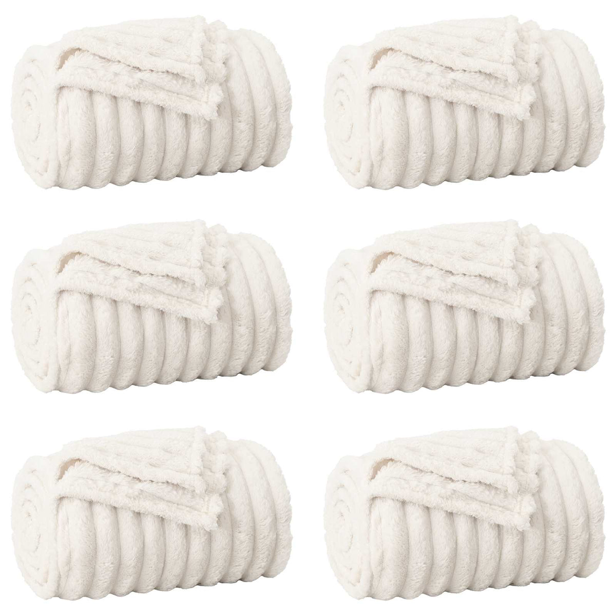 Six cream fleece blankets rolled up and arranged in two rows of three