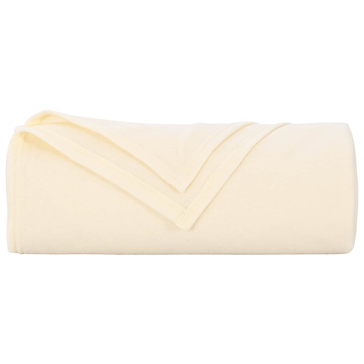 A cream fleece blanket rolled up, showing its texture
