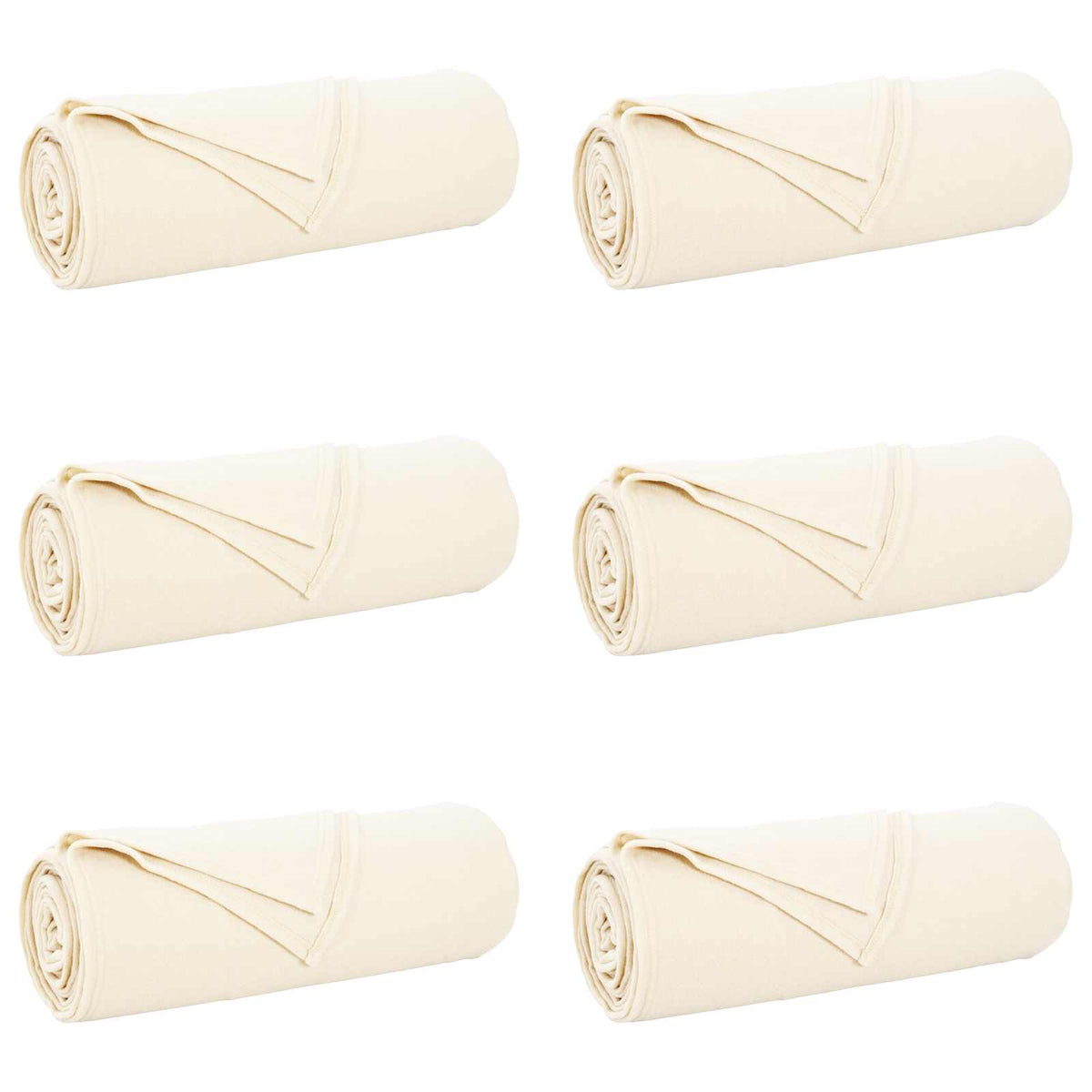 Six cream fleece blankets rolled up and arranged in two rows